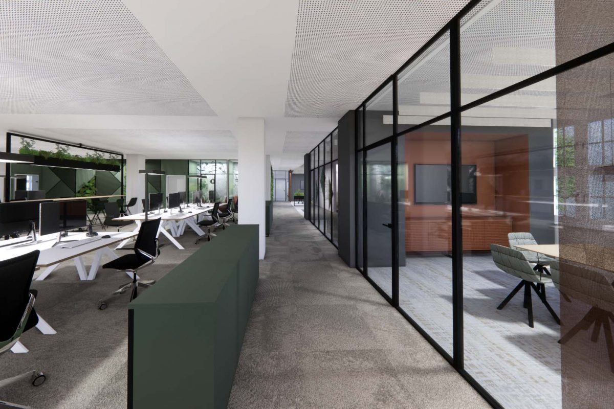 Innenarchitektur München – Bürogestaltung / Büroplanung, Trennwände der Meetingräume als dunkle Stahl-Glaskonstruktion in Großraumbüro in München