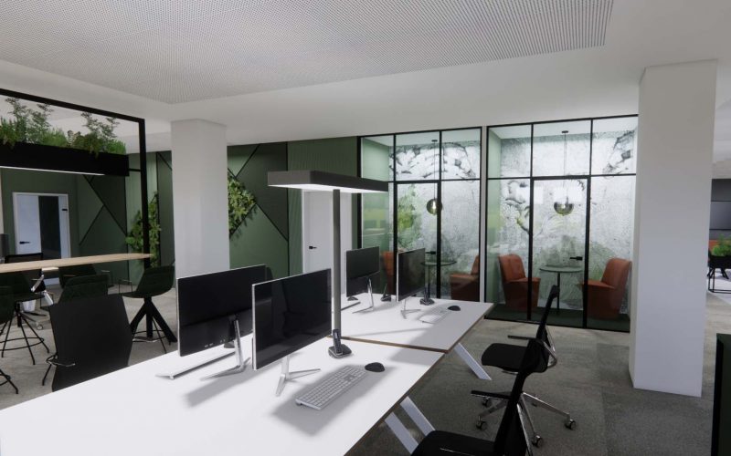 Innenarchitektur München – Bürogestaltung / Büroplanung, Telefonboxen bzw. Meetingboxen in Großraumbüro in München