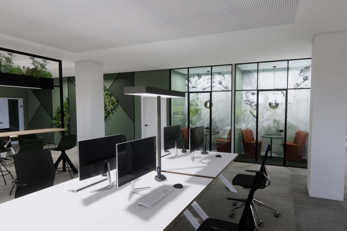 Innenarchitektur München – Bürogestaltung / Büroplanung, Telefonboxen bzw. Meetingboxen in Großraumbüro in München