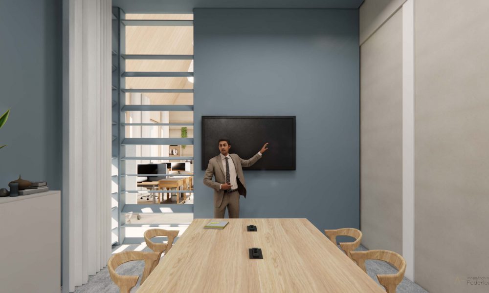 Innenarchitektur München - New Work Bürogestaltung, blauer Meetingraum