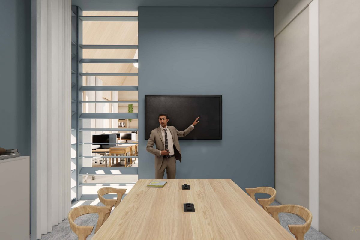 Innenarchitektur München - New Work Bürogestaltung, blauer Meetingraum