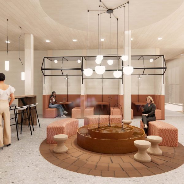 Innenarchitektur München - New Work Büroplanung, Besprechungsnischen und offener, runder Bereich zum gemeinsamen Austauschen