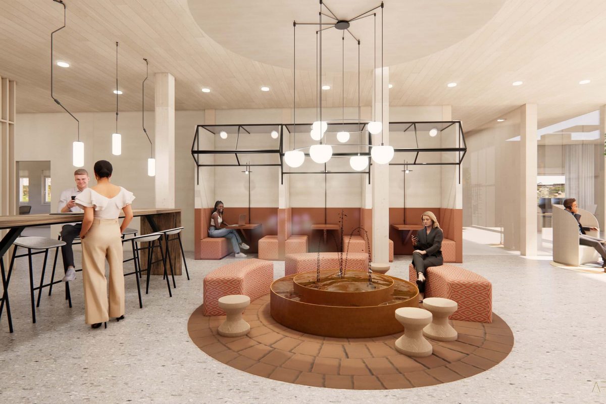 Innenarchitektur München - New Work Büroplanung, Besprechungsnischen und offener, runder Bereich zum gemeinsamen Austauschen