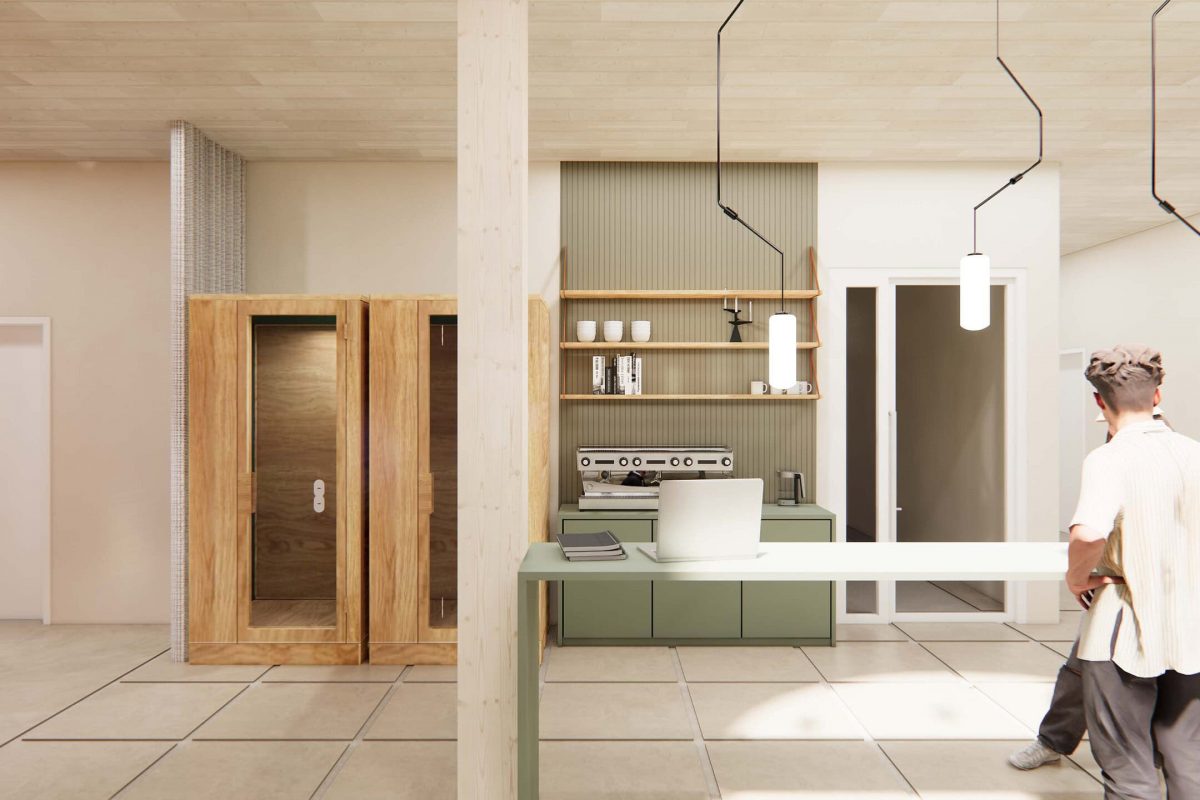 Innenarchitektur München - New Work Bürogestaltung mit Café Bar und Telefonboxen