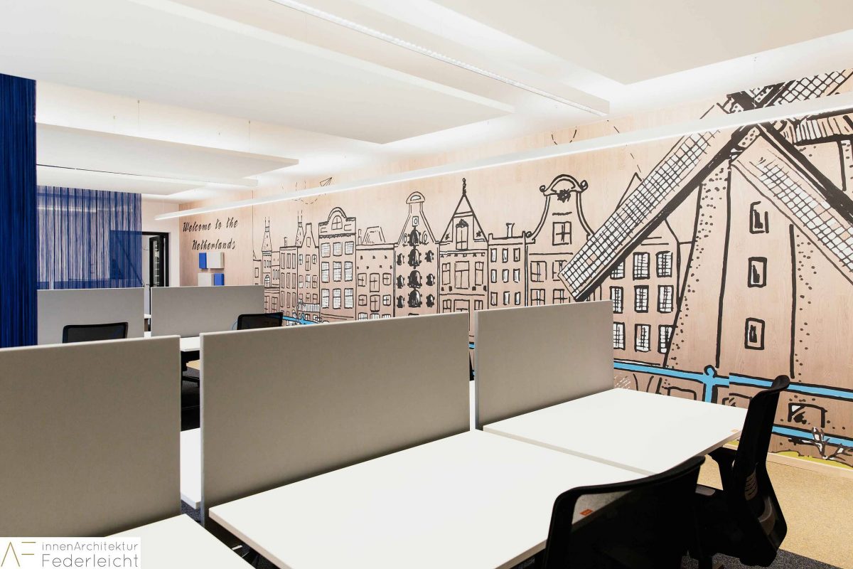 Innenarchitektur München - Nachhaltige Büroplanung, Wandgrafik Amsterdam bei Celonis SE in München