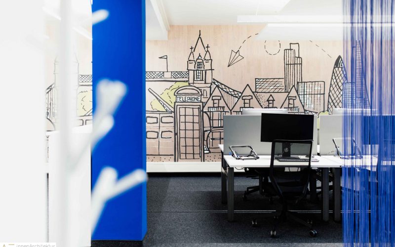 Innenarchitektur München - Nachhaltige Bürogestaltung, Wandgrafik London im Großraumbüro bei Celonis SE in München