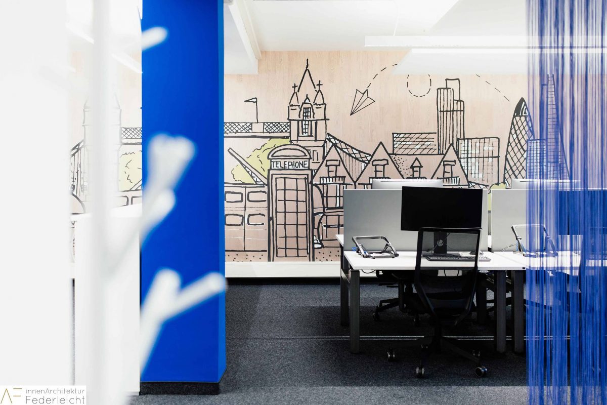 Innenarchitektur München - Nachhaltige Bürogestaltung, Wandgrafik London im Großraumbüro bei Celonis SE in München