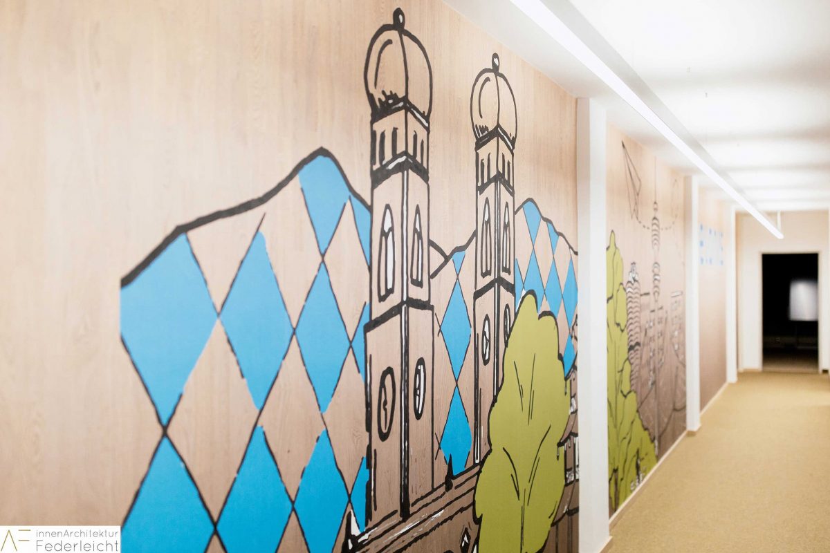 Innenarchitektur München - Büroplanung, Wandgestaltung mit Grafik von München im Großraumbüro bei Celonis SE in München