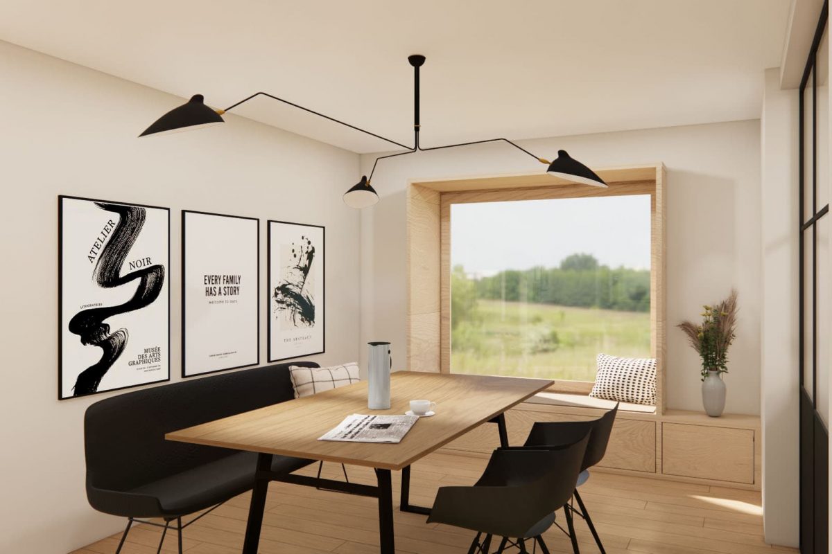 Innenarchitektur München, Büro Innenarchitektur Federleicht - Reihenendhaus Sanierung in München / Moderner Essbereich mit Holzdetails, Sitzbank und Panoramafenster für eine lichtdurchflutete Atmosphäre