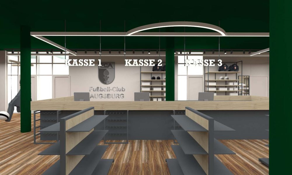 Innenarchitektur München - Shop Design, Kasse im Fanshop des FC Augsburgs