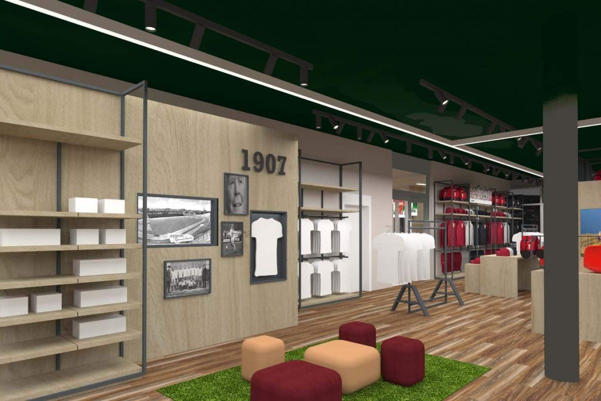 Innenarchitektur München - Shop Design / Ladenbau, Heritage Wand im Fanshop vom FC Augsburg