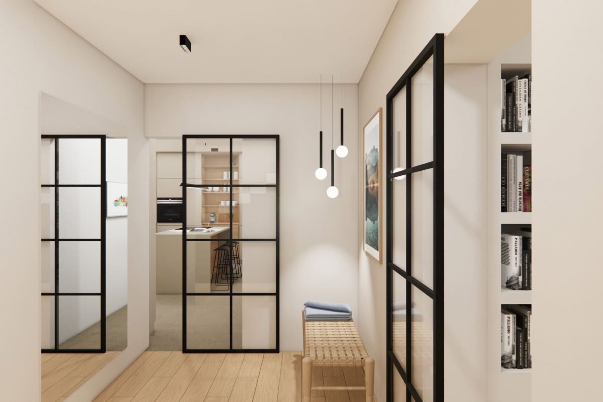 Innenarchitektur München, Büro Innenarchitektur Federleicht –Reihenendhaus Sanierung in München / Moderner Flur mit Glastrennwänden, minimalistischer Beleuchtung und warmen Holzakzenten