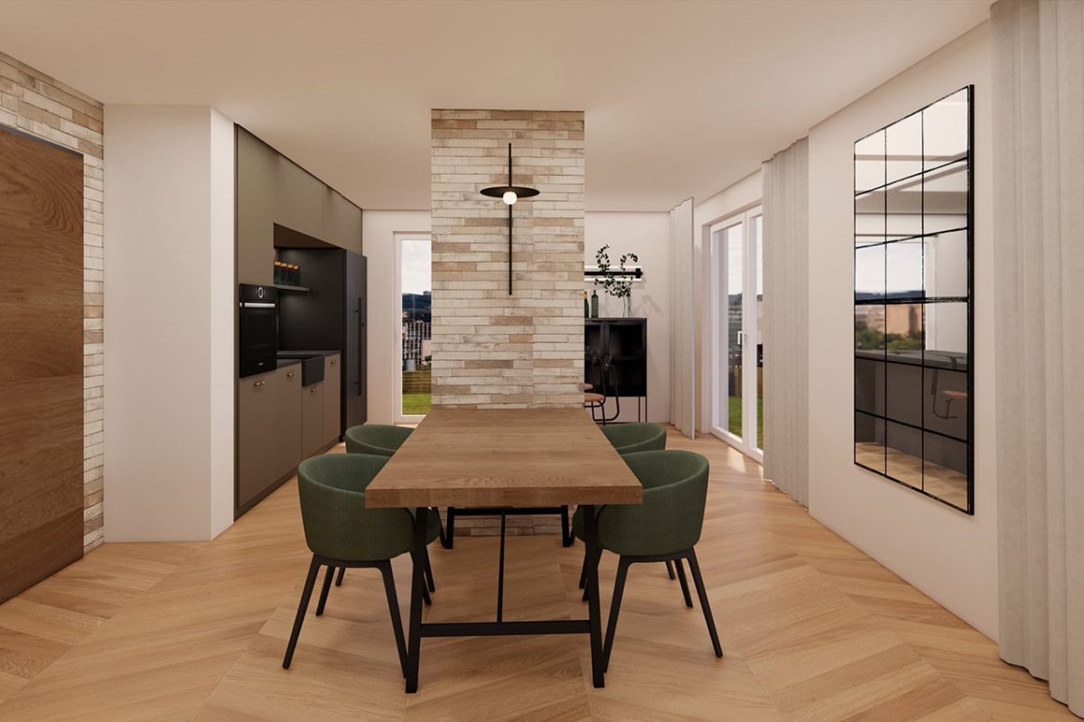 Innenarchitektur München - Erweiterung Doppelhaus in Dießen am Ammersee, Küche mit Essbereich im Erdgeschoss