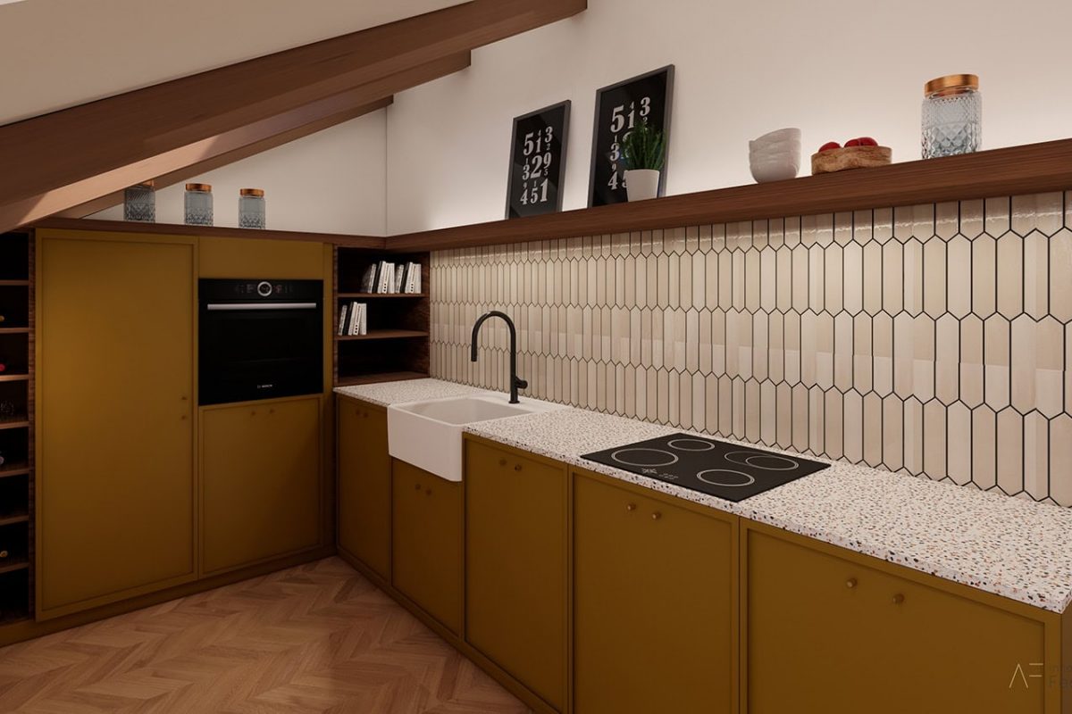 Innenarchitektur München - Erweiterung Doppelhaus in Dießen am Ammersee, Küche im Dachgeschoss in der Farbe Ocker und mit Dachbalken