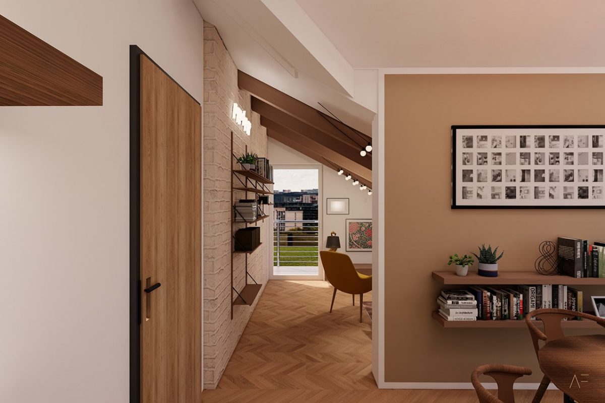 Innenarchitektur München - Erweiterung Doppelhaus in Dießen am Ammersee, Blick vom Essbereich ins Wohnzimmer im Dachgeschoss