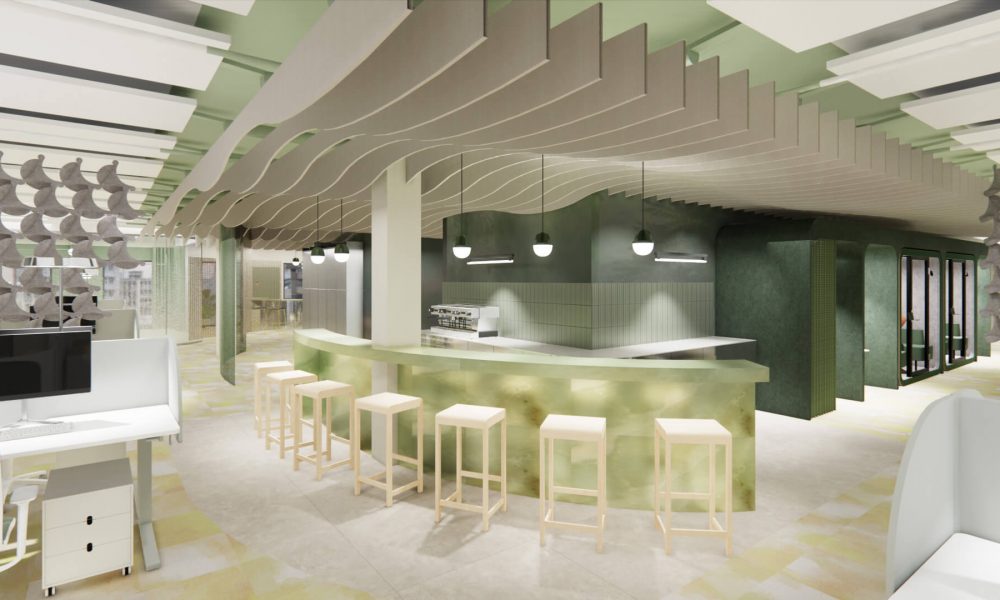 Innenarchitektur München - Büroprojekt von Innenarchitektur Federleicht in der Schweiz in Zürich; Küchenbereich mit runder Bar zum Verweilen