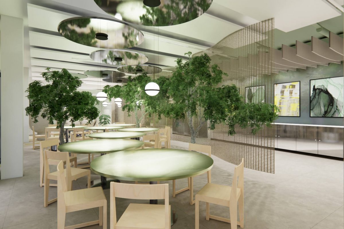 Innenarchitektur München - Büroprojekt von Innenarchitektur Federleicht in der Schweiz in Zürich; Essensbereich mit vielen Pflanzen und Holzmöbeln