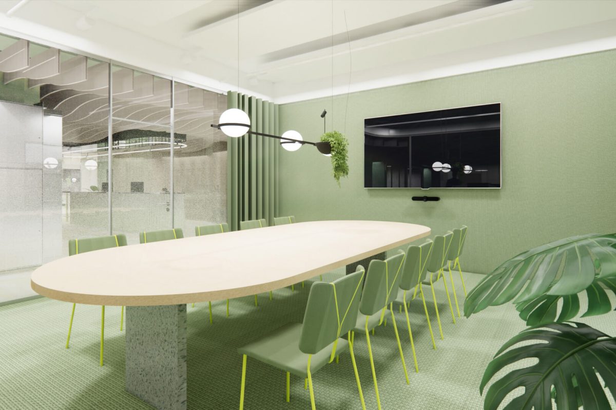 Innenarchitektur München - Büroprojekt von Innenarchitektur Federleicht in der Schweiz in Zürich; in hellgrün gehaltener Meetingraum