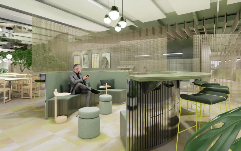 Innenarchitektur München - Büroprojekt von Innenarchitektur Federleicht in der Schweiz in Zürich; heller, in grün gehaltener Loungebereich mit Bar