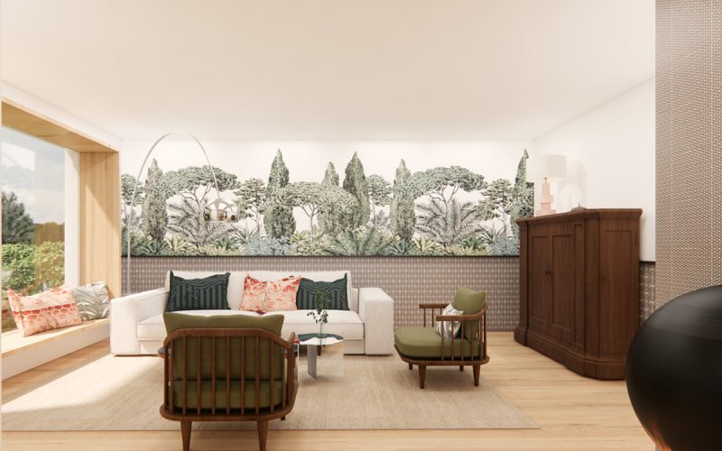Innenarchitektur Federleicht in München - Entwurf Wohnzimmer mit großem Fenster für viel Licht im Raum mit stylisher, bequemer Couch und Sitzmöglichkeiten