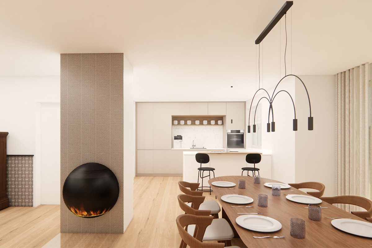 Innenarchitektur Federleicht in München - Entwurf Essbereich/Küche mit großem Teakholz Tisch und Esszimmerstühlen in Walnussfarben