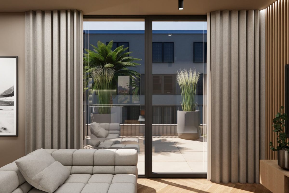 Innenarchitektur Federleicht in München - Loftwohnung Projekt Blick vom Wohnzimmer auf die Dachterrasse