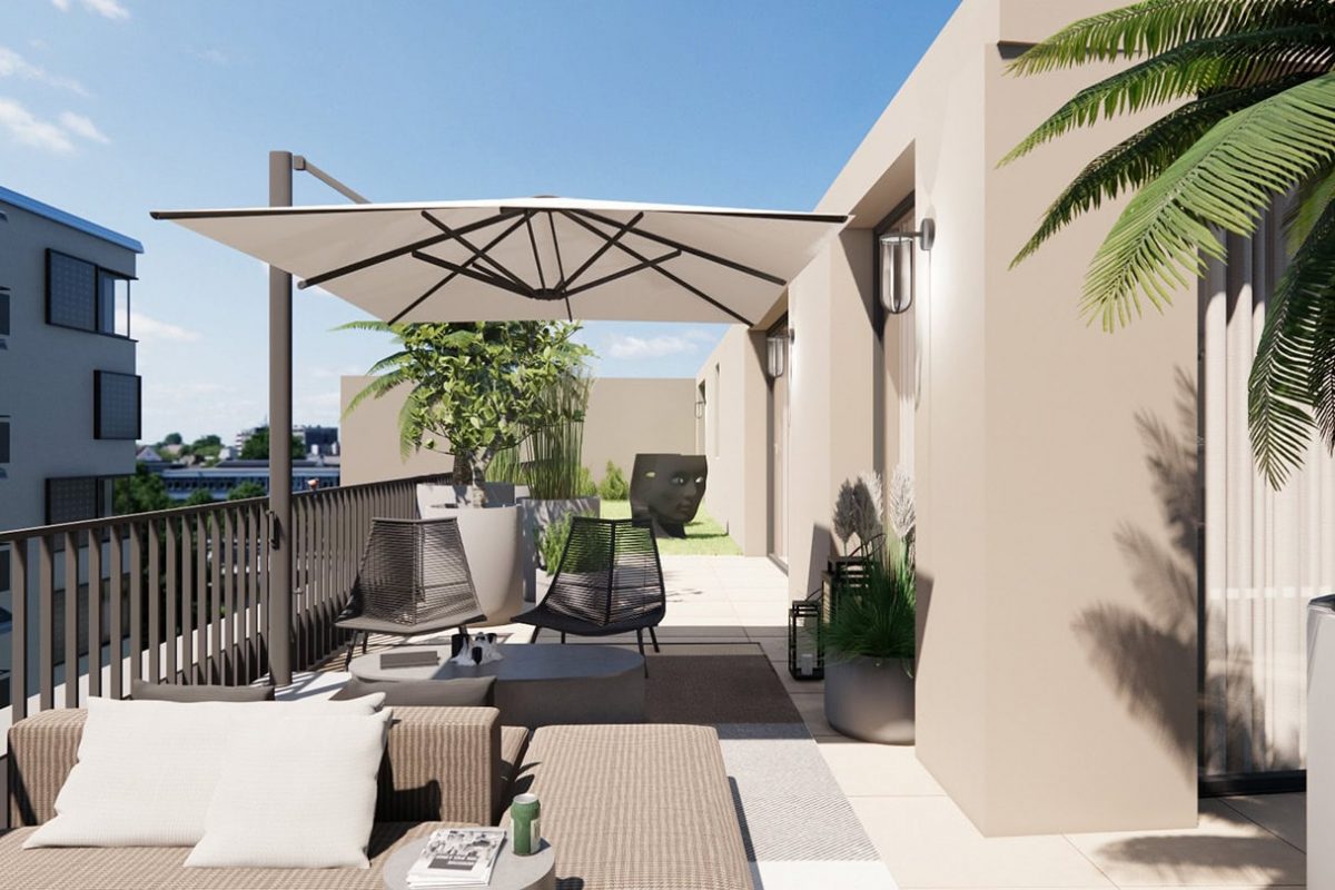 Innenarchitektur Federleicht in München - Weitere Ansicht der Dachterrasse in sanierter Penthouse Wohnung