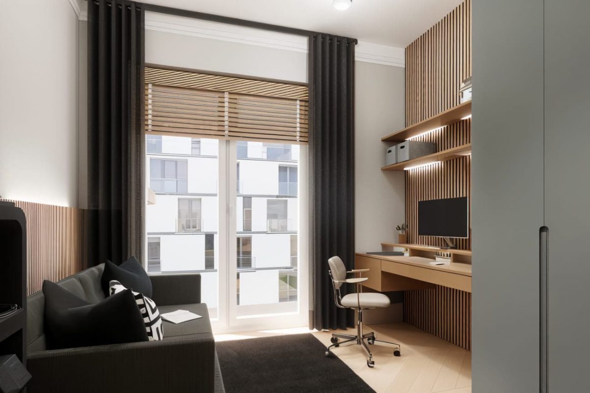 Innenarchitektur München - Innenarchitektur Federleicht: Modernes Home-Office mit dunklen Vorhängen und Holzdetails