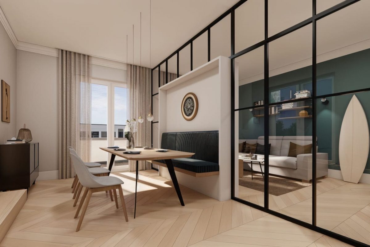 Innenarchitektur München - Innenarchitektur Federleicht: Moderner Essbereich mit Glasakzenten und gemütlicher Sitzbank