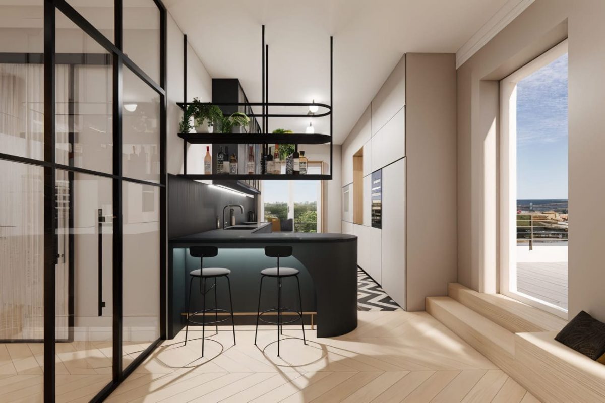 Innenarchitektur München - Innenarchitektur Federleicht: Moderne Küche mit offenem Regal über der Theke mit Barhockern