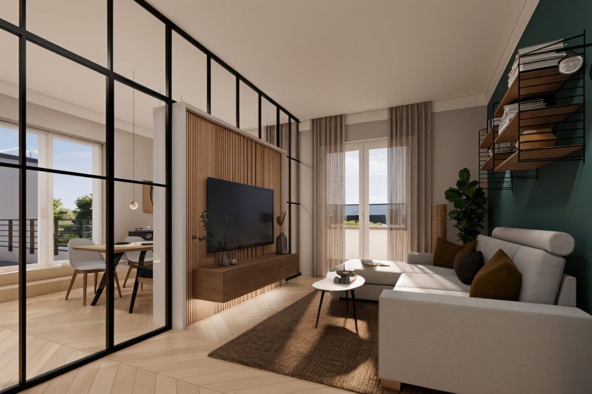 Innenarchitektur München - Innenarchitektur Federleicht: Wohnzimmer in München / Elegante Kombination aus Art Deco und Industrial Design mit Glasrahmen und Holztexturen