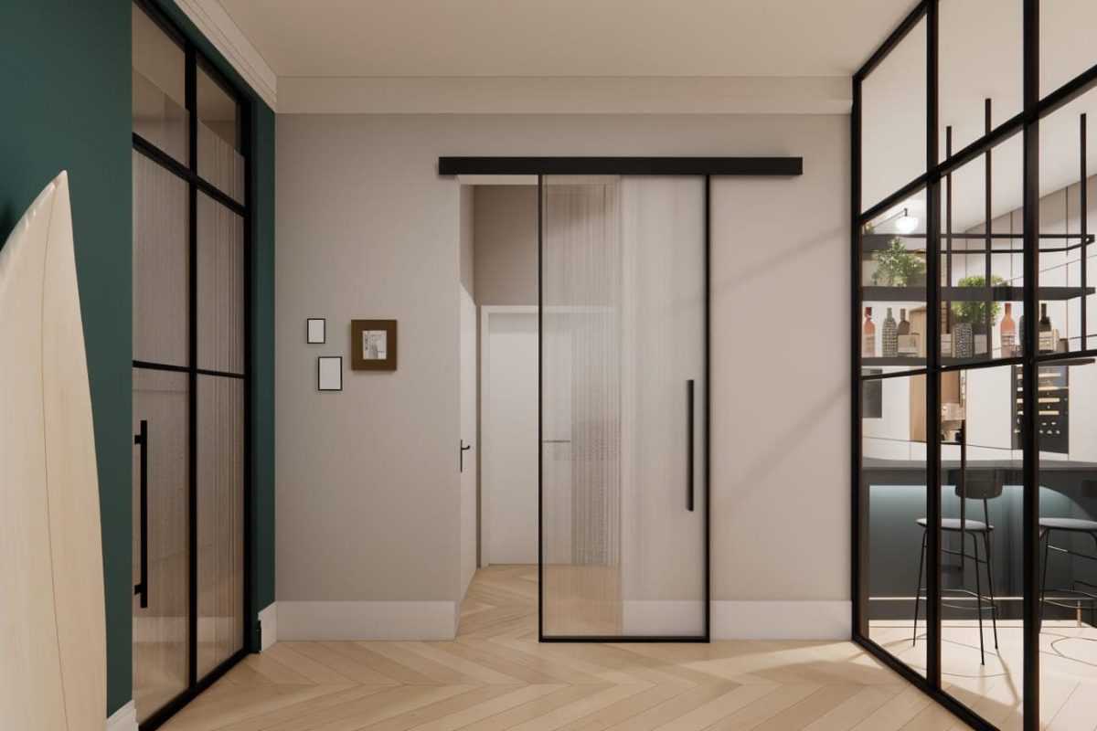 Innenarchitektur München - Innenarchitektur Federleicht: Elegante Schiebetür mit Glasakzenten im modernen Wohnzimmer