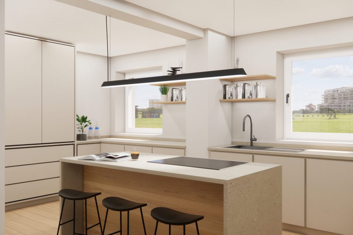 Innenarchitektur München, Büro Innenarchitektur Federleicht –Reihenendhaus Sanierung in München / Moderne Küche mit Kochinsel, natürlichen Materialien und minimalistischer Beleuchtung