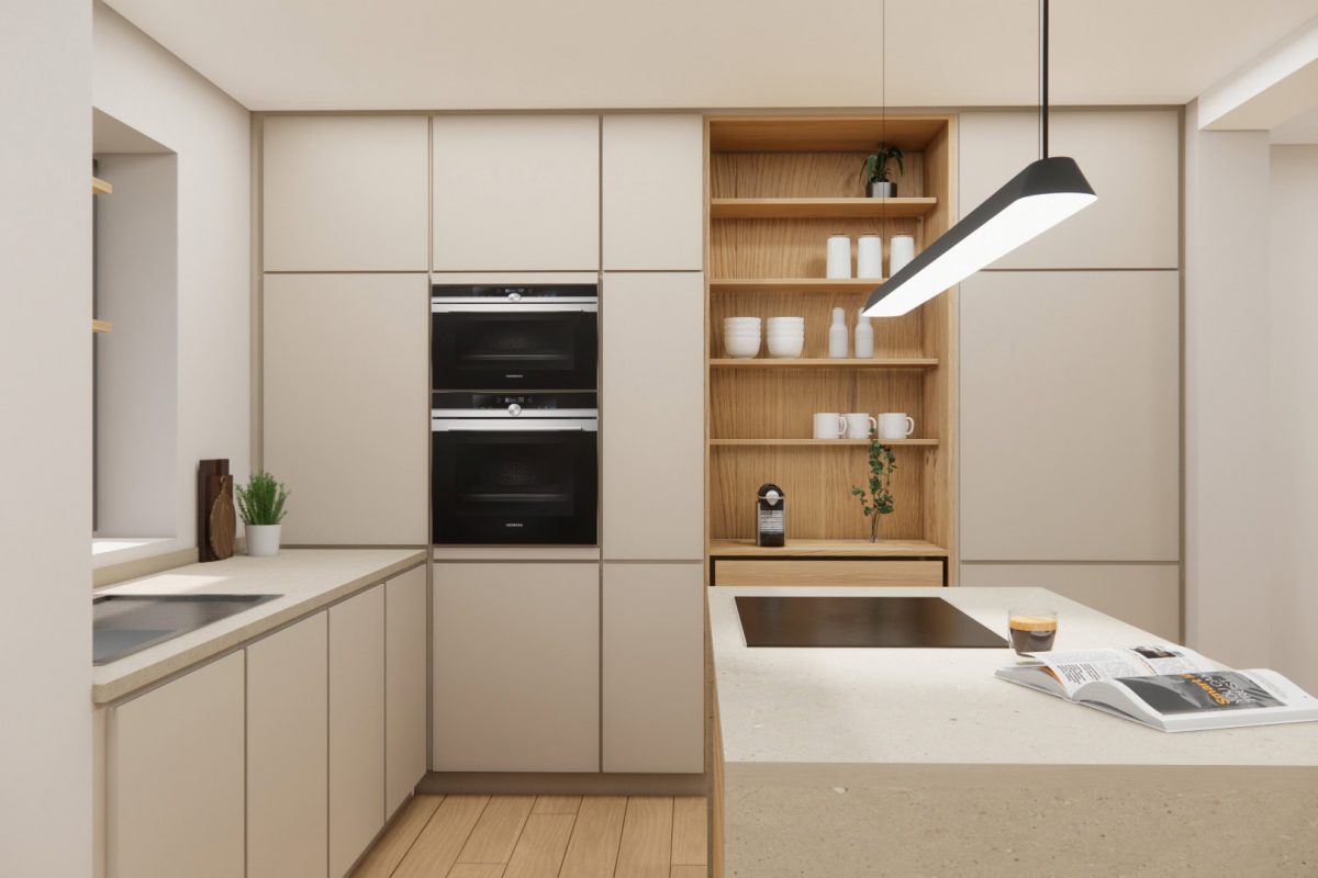 Innenarchitektur München, Büro Innenarchitektur Federleicht – Sanierung Reihenendhaus, Zeitlose Küche mit eleganter Kochinsel, warmen Holzakzenten und minimalistischer Beleuchtung