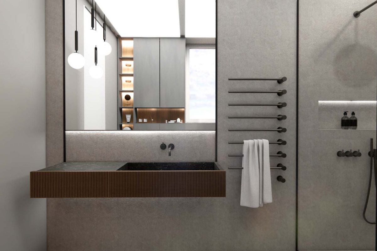 Innenarchitektur München - Modernes, dunkel gestaltetes Badezimmer in renovierter Penthouse Wohnung