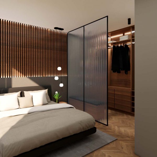 Innenarchitektur München - Schlafzimmer mit Ankleidebereich in Penthouse Wohnung