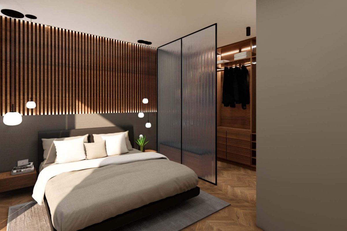 Innenarchitektur München - Schlafzimmer mit Ankleidebereich in Penthouse Wohnung