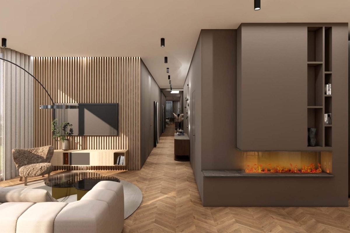 Innenarchitektur München - Offenes Wohnzimmer/Esszimmer Penthouse Wohnung in hellen Tönen