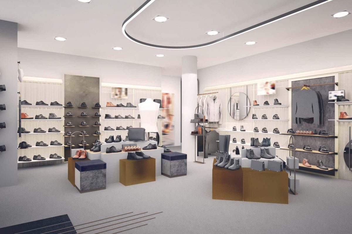 Innenarchitektur München – Ladenbau / Innenarchitektur Shop, Eingangsbereich in einem Schuhgeschäft in Nürnberg