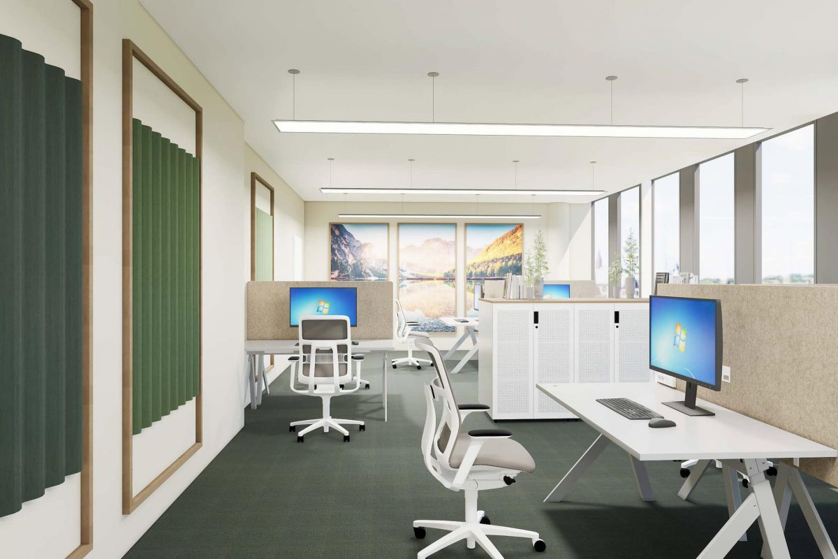 Innenarchitektur München – Bürogestaltung / Büroplanung, Ansicht Großraumbüro bei Tengelmann Twenty-One KG in München