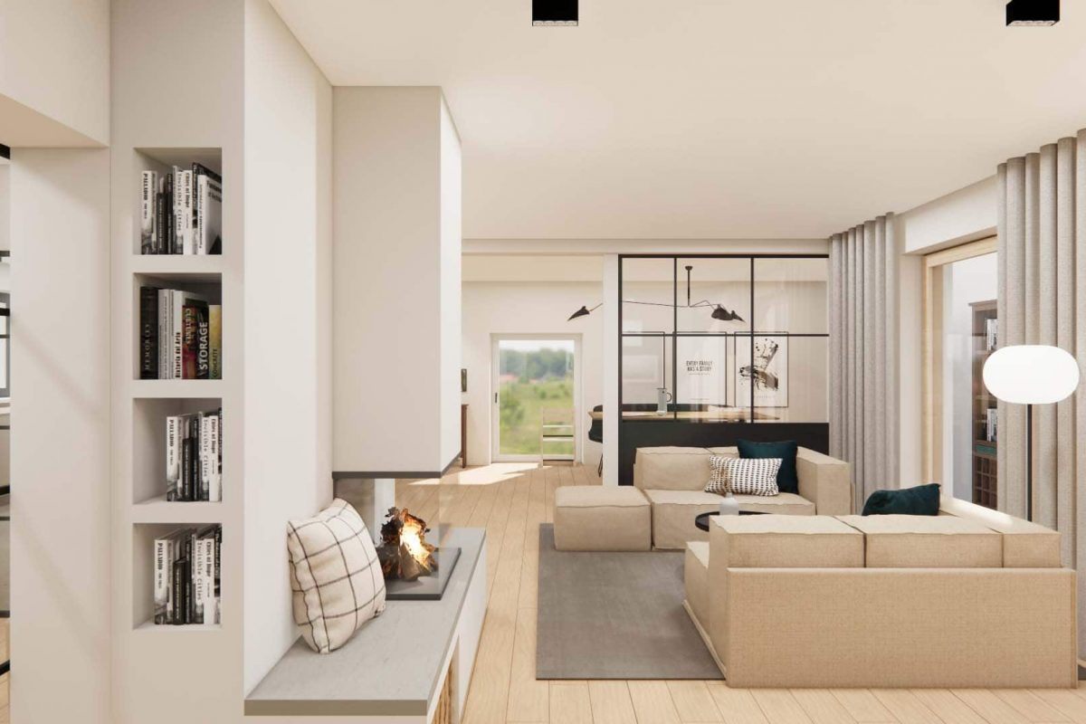 Innenarchitektur München, Büro Innenarchitektur Federleicht - Reihenendhaus Sanierung in München / Moderner Wohn- und Essbereich mit Kamin, Glastrennwand und gemütlicher Einrichtung