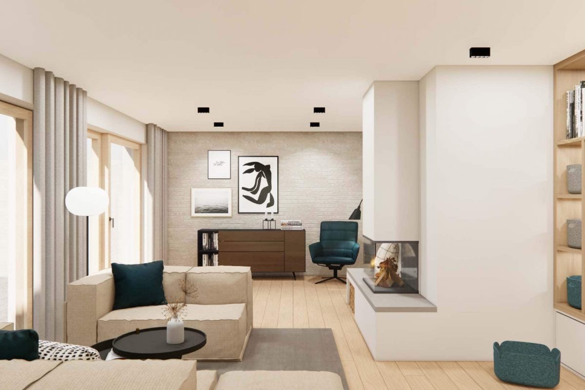 Innenarchitektur München, Büro Innenarchitektur Federleicht – Reihenendhaus Sanierung in München / Moderner, heller Wohnbereich mit Kamin, eleganter Einrichtung und gemütlicher Atmosphäre